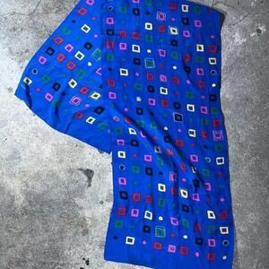 Vintage 90s Blue and multi-coloured square print vintage silk scarf